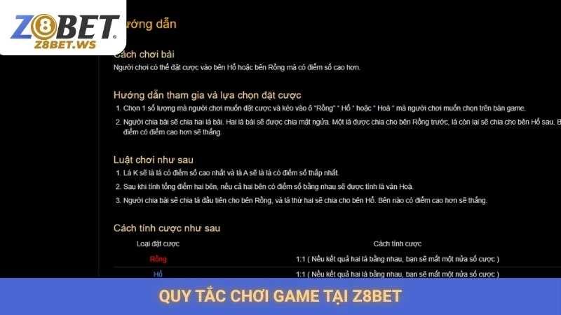 Chơi rồng hổ Z8bet | Cách đặt cược luôn thắng từ cao thủ 2 Quy tắc chơi game tại Z8bet